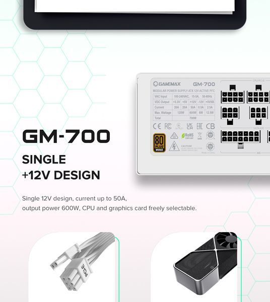 Блок питания GameMax GM-700 Modular White (6931858740579) 630406ua фото