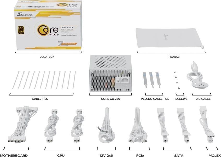 Блок живлення SeaSonic Core GX White ATX 3 750W (SRP-CGX751-A5A32SF-W) 618730 фото