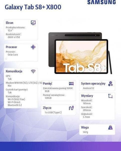 Планшет Samsung Galaxy Tab S8+ 8/128 GB Gray (SM-X800NZAAEUE) 374527ua фото