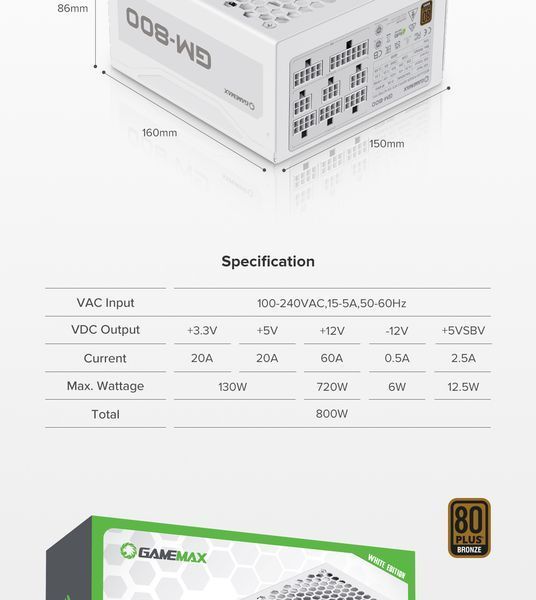 Блок живлення GameMax GM-800 Modular WH 627735ua фото