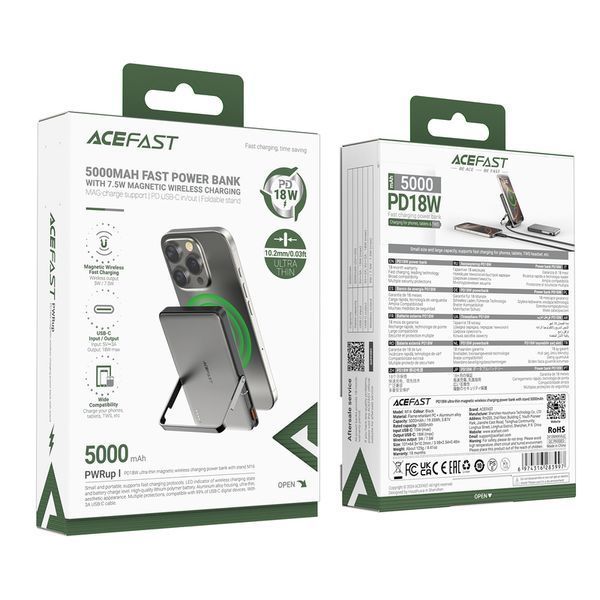 Зовнішній акумулятор (павербанк) Acefast M16 Magnetic 5000mAh 18W Black 627154ua фото