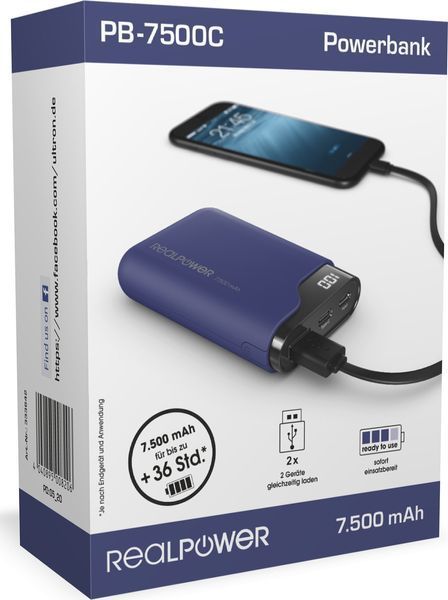 Зовнішній акумулятор (павербанк) Realpower PB-7500C 7.500mAh Navy Blue 619732 фото