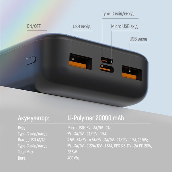 Внешний аккумулятор (павербанк) ColorWay 20000mAh 22.5W Black (CW-PB200LPB4BK-PD) 628204ua фото