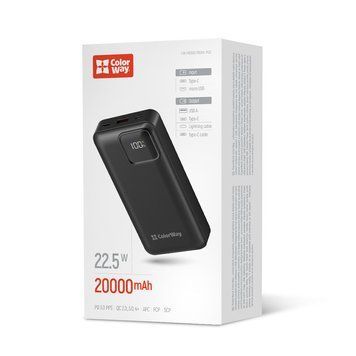 Внешний аккумулятор (павербанк) ColorWay 20000mAh Optimal Power Black (CW-PB200LPB5BK-PDD) 628205ua фото