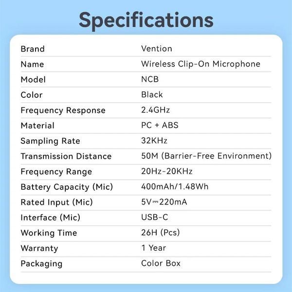 Мікрофонна радіосистема для смартфона Vention USB-C 2-Pack Wireless Lavalier Black (NCBB0) 623212ua фото