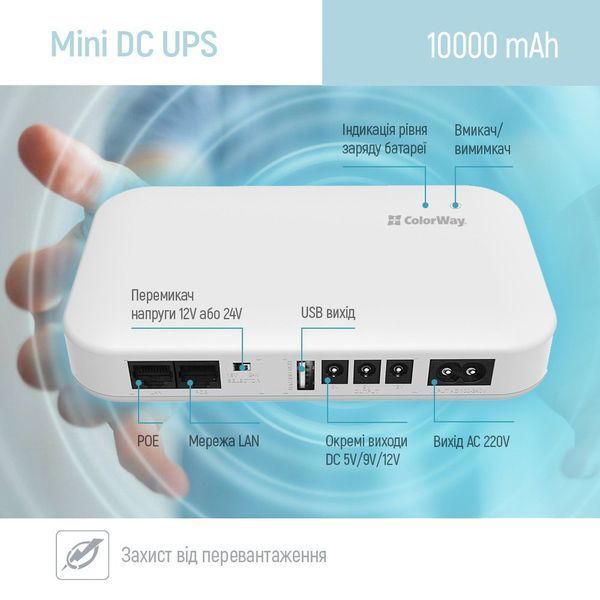 ДБЖ для роутера ColorWay 10000mAh 21W DC White (CW-PB100LI3WT) 577880ua фото
