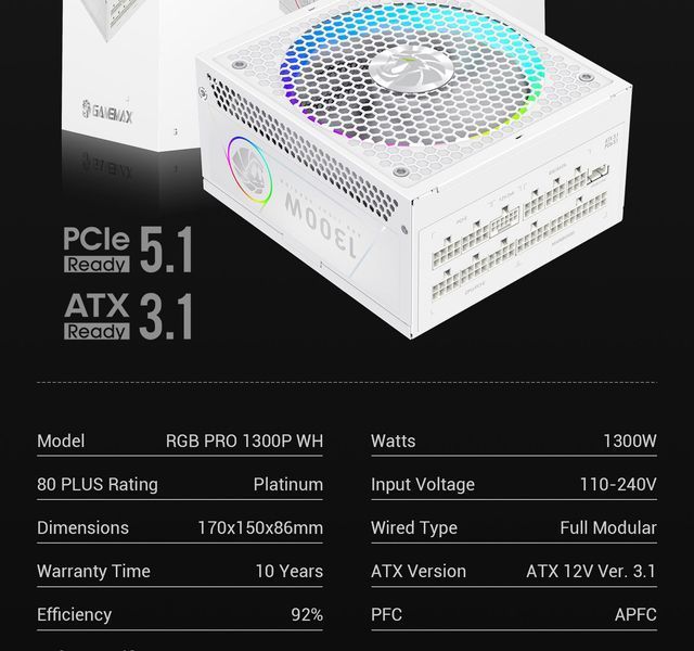 Блок питания GameMax RGB Pro 1300P WH 627798ua фото