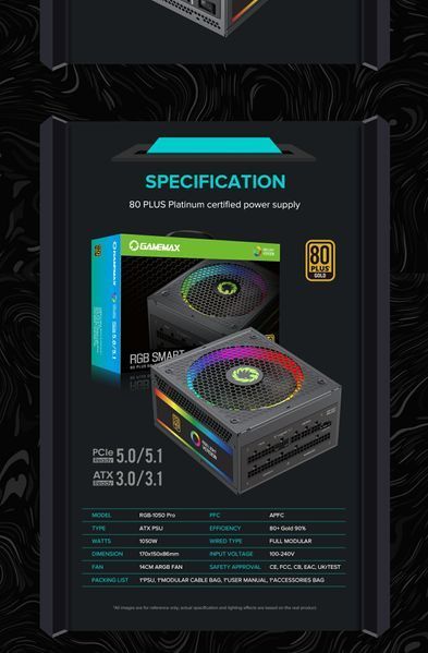 Блок живлення GameMax RGB1050 Pro BK (ATX 3.0 PCIE 5.0) 627803ua фото