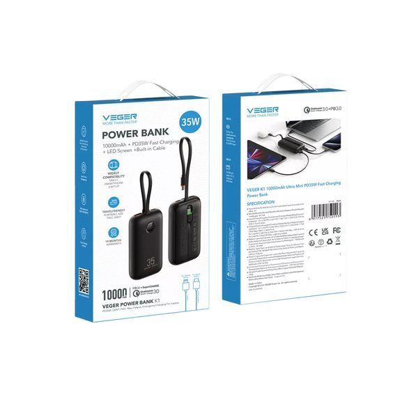 Внешний аккумулятор (павербанк) Veger W1188 10000mAh 35W Black (VG-W1188) 627199ua фото